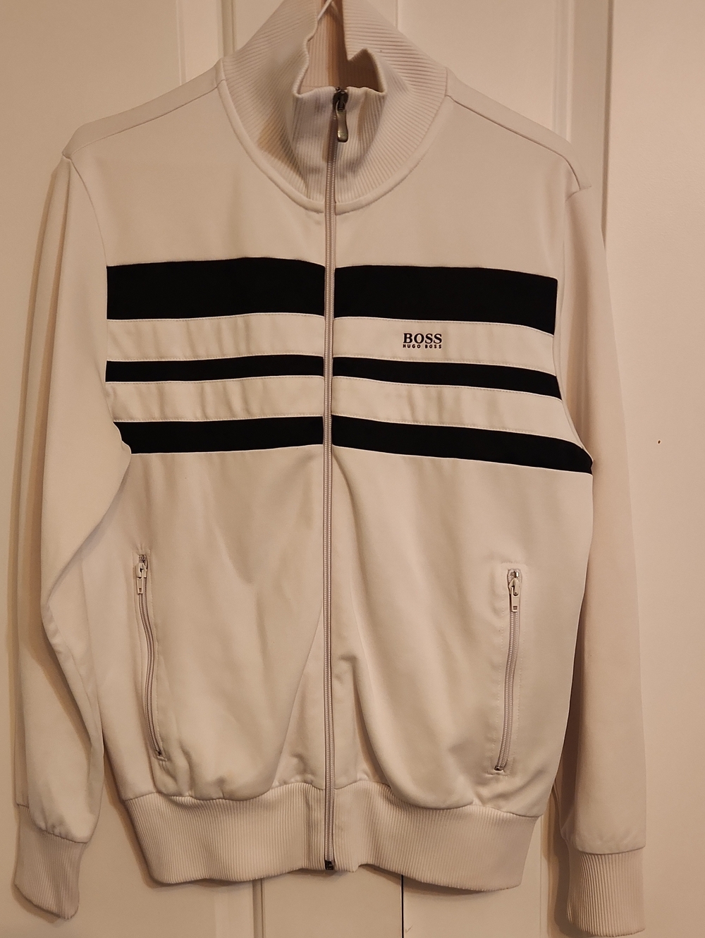 Hugo Boss White Bomber Jacket with Black Stripes and Zip Pockets
